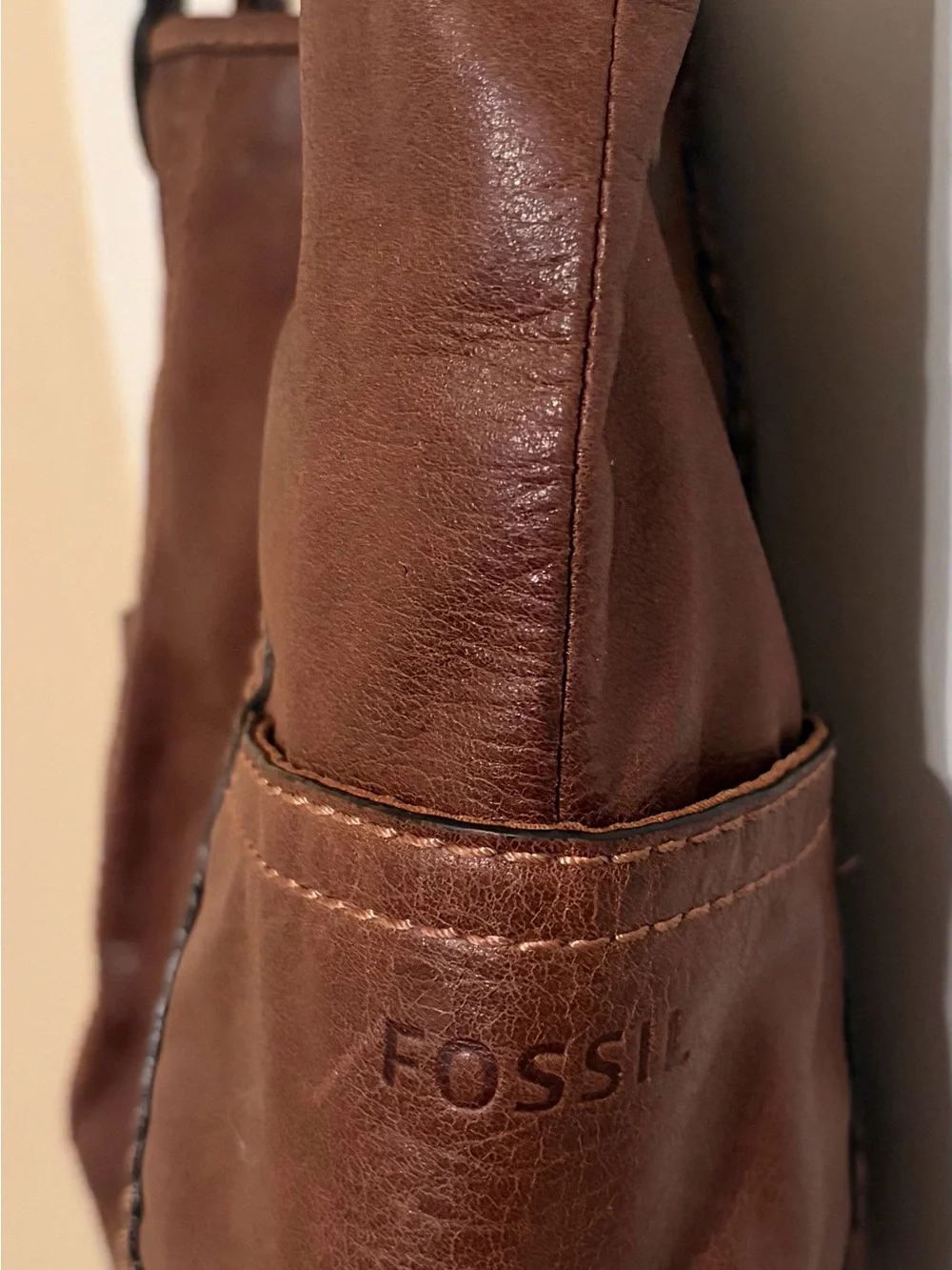 Fossil Brown Leather Shoulder Tote Bag Large Double Handle